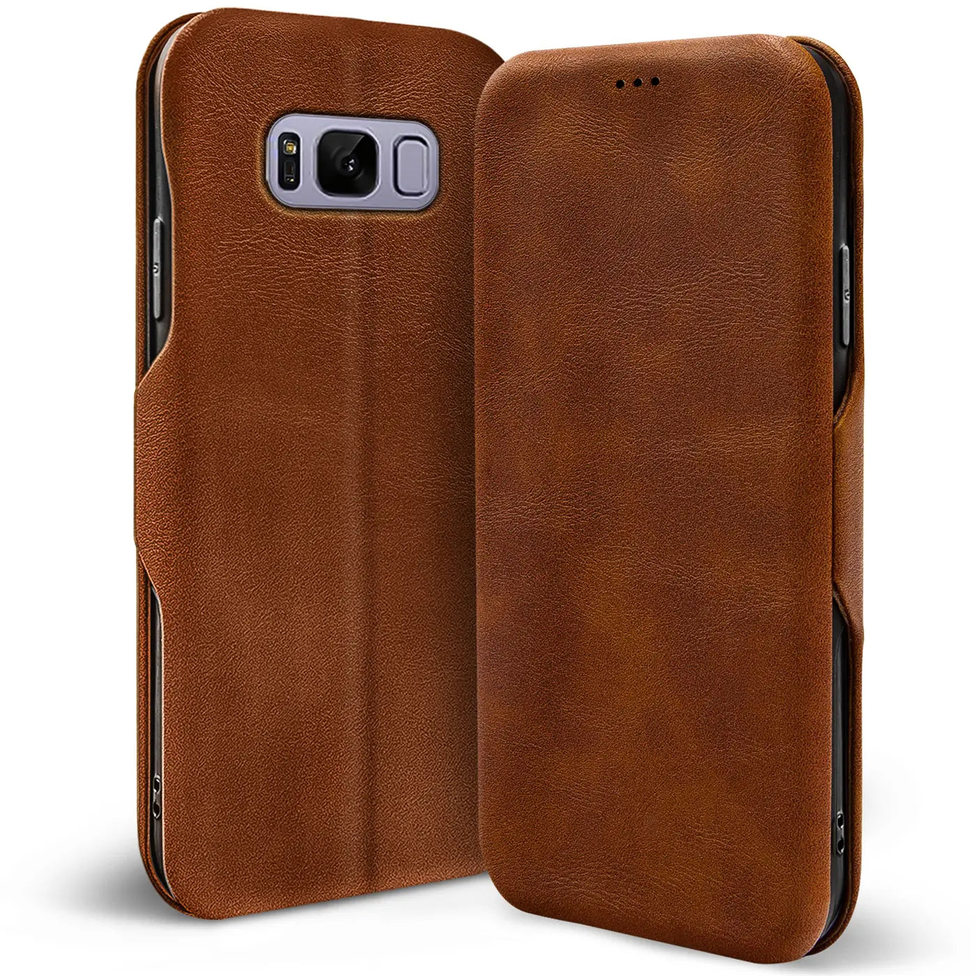 Braune Leder-Klapphülle mit Kartenfach für Samsung Galaxy S8, von vorne links gezeigt.