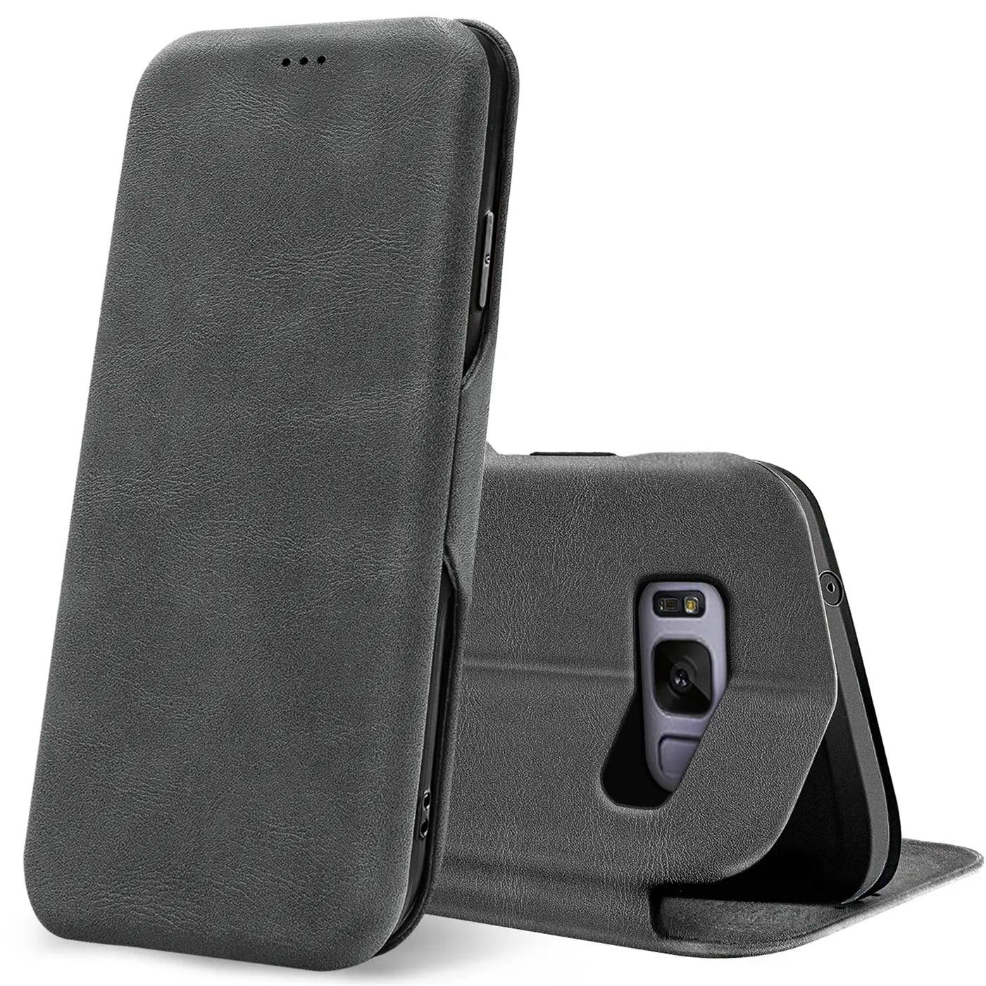 Graue Kunstleder-Klapphülle für Samsung Galaxy S8, von vorne und hinten gezeigt.