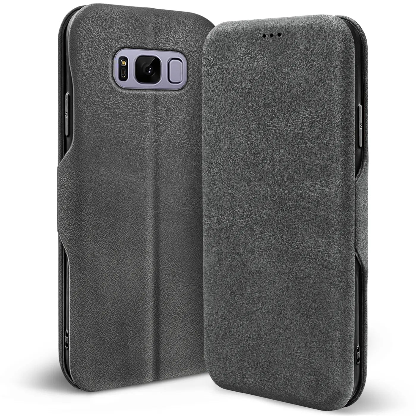 Graue Kunstleder-Klapphülle für Samsung Galaxy S8, von vorne schräg betrachtet.