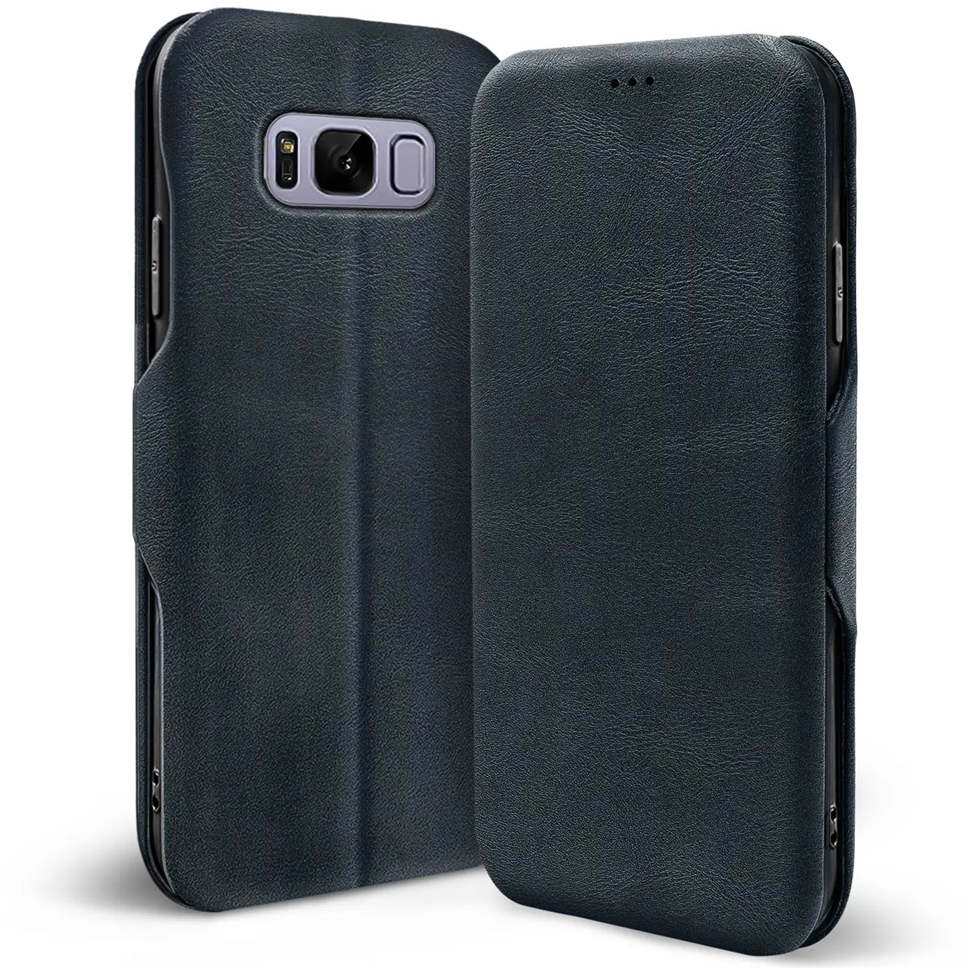 Dunkelblaue Leder-Klapphülle für Samsung Galaxy S8 Plus, Vorder- und Rückansicht.