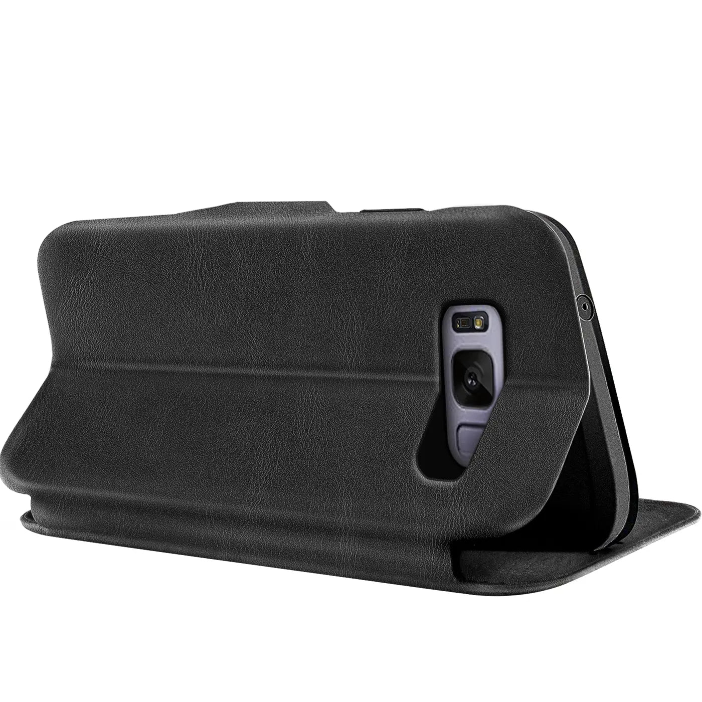 Schwarze Leder-Klapphülle für Samsung Galaxy S8 Plus, von hinten gesehen.