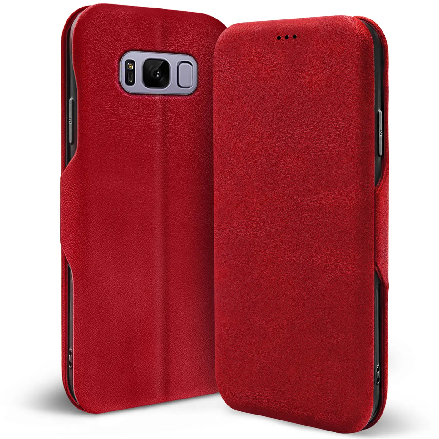 Rote Leder-Klapphülle für Samsung Galaxy S8, von vorne schräg gezeigt.
