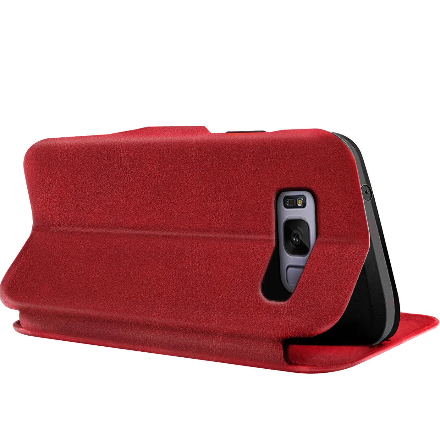 Rote Leder-Klapphülle mit Kartenfach, Rückansicht eines Samsung Galaxy S8.