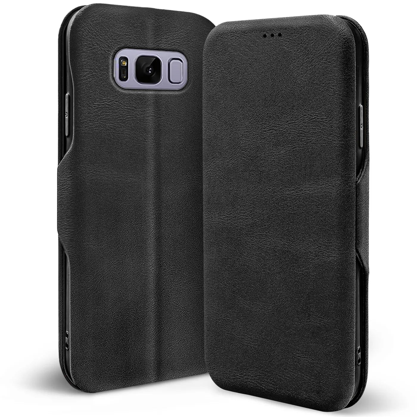Schwarze Leder-Klapphülle für Samsung Galaxy S8, von vorne/seitlich gezeigt.