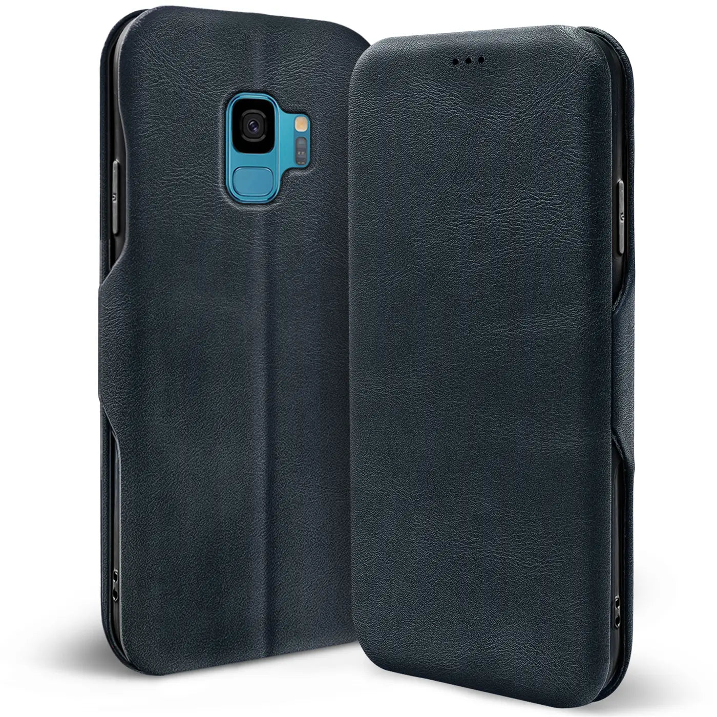 Dunkelblaue Leder-Klapphülle, Vorder- und Rückansicht, für Samsung Galaxy S9