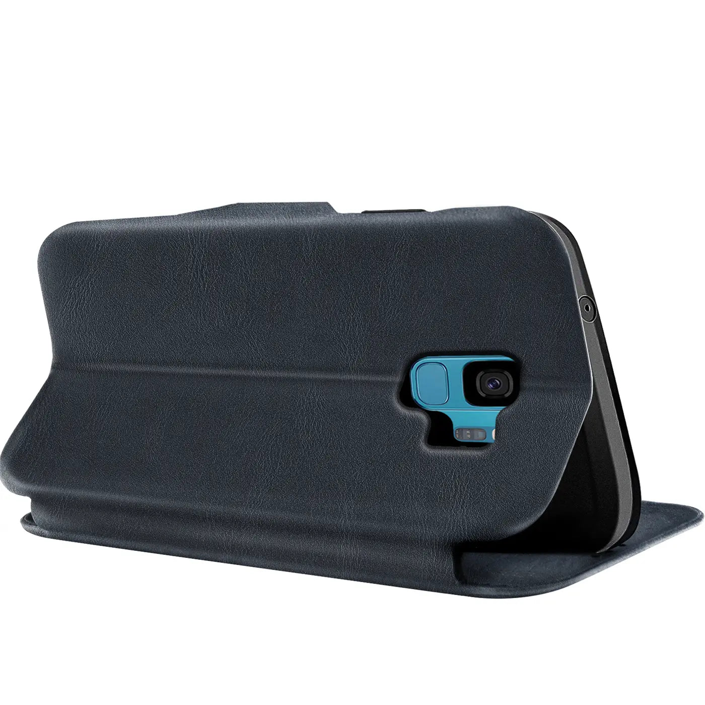 Dunkelblaue Leder-Klapphülle mit Kartenfach, seitliche Ansicht, zeigt Samsung Galaxy S9 Kamera.