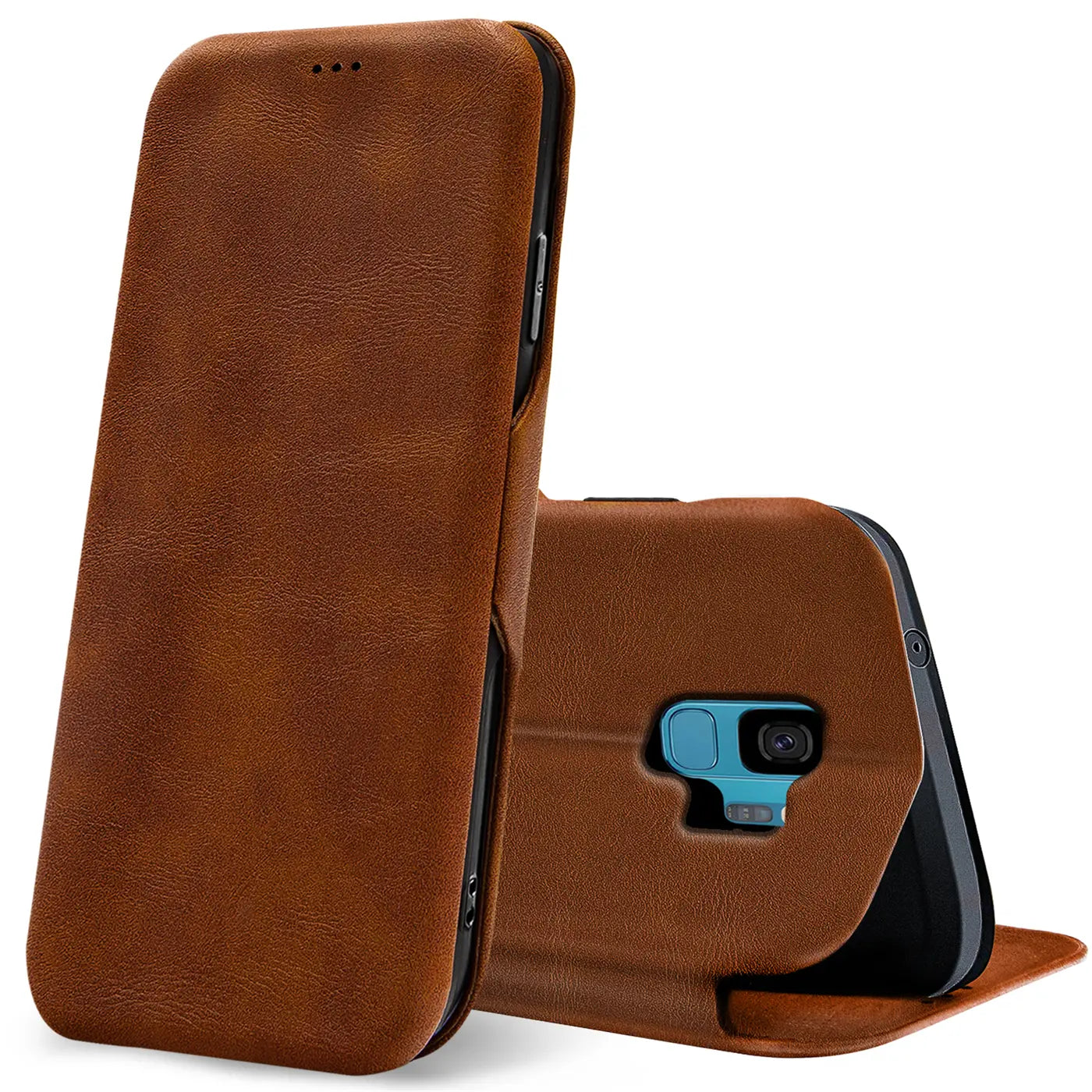 Braune Leder-Klapphülle mit Kartenfach für Samsung Galaxy S9, Rückansicht