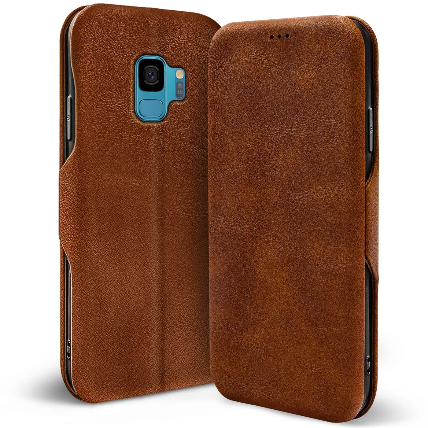Braune Leder-Klapphülle mit Kartenfach, Vorder- und Rückansicht, für Samsung Galaxy S9.