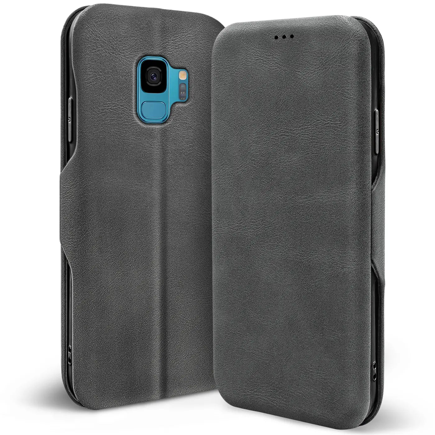 Graue Kunstleder-Klapphülle für Samsung Galaxy S9, Vorder- und Rückansicht.