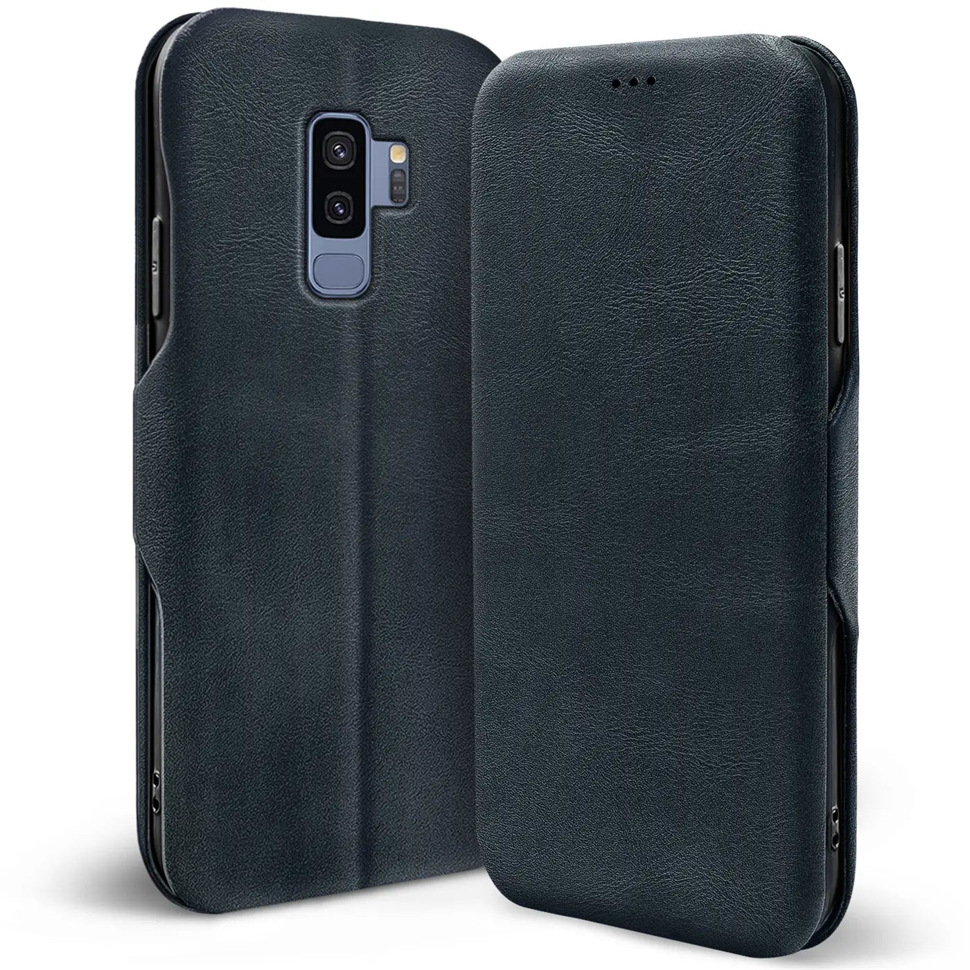 Dunkelblaue Leder-Klapphülle mit Kartenfach für Samsung Galaxy S9 Plus, Vorder- und Rückansicht.