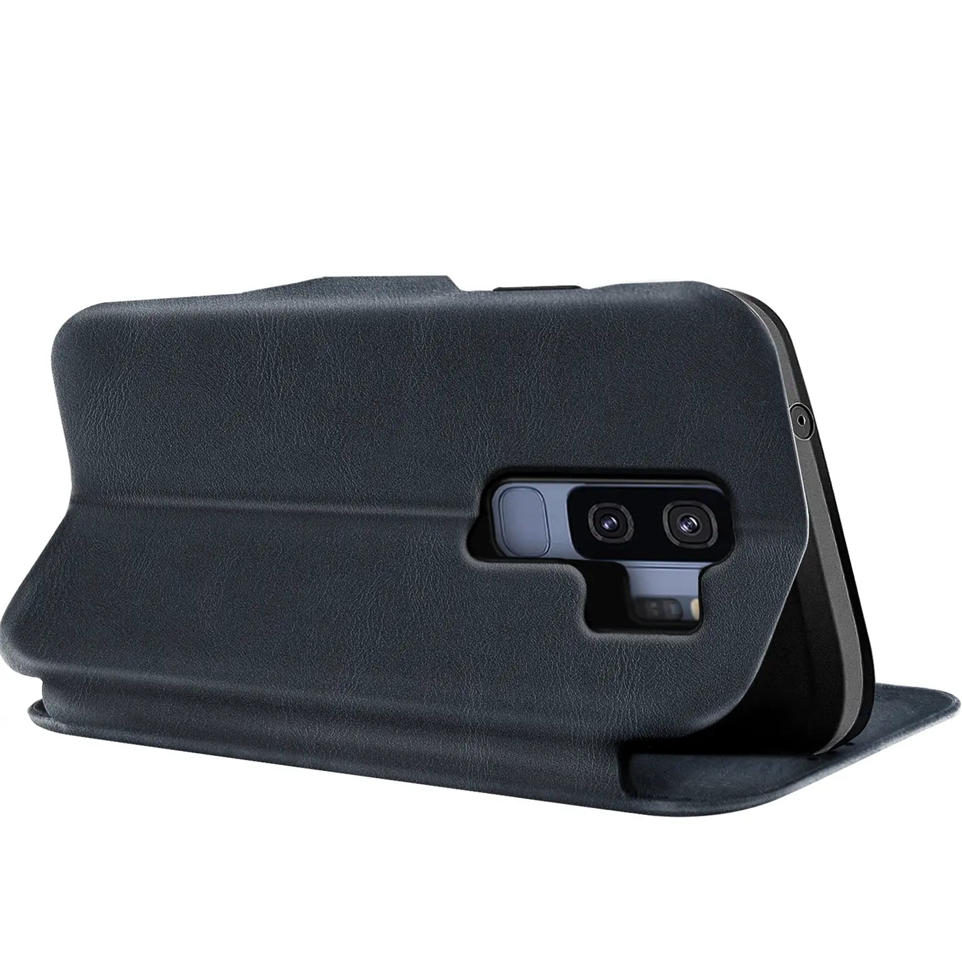 Dunkelgraue Leder-Klapphülle mit Kartenfach, Rückansicht, Samsung Galaxy S9 Plus