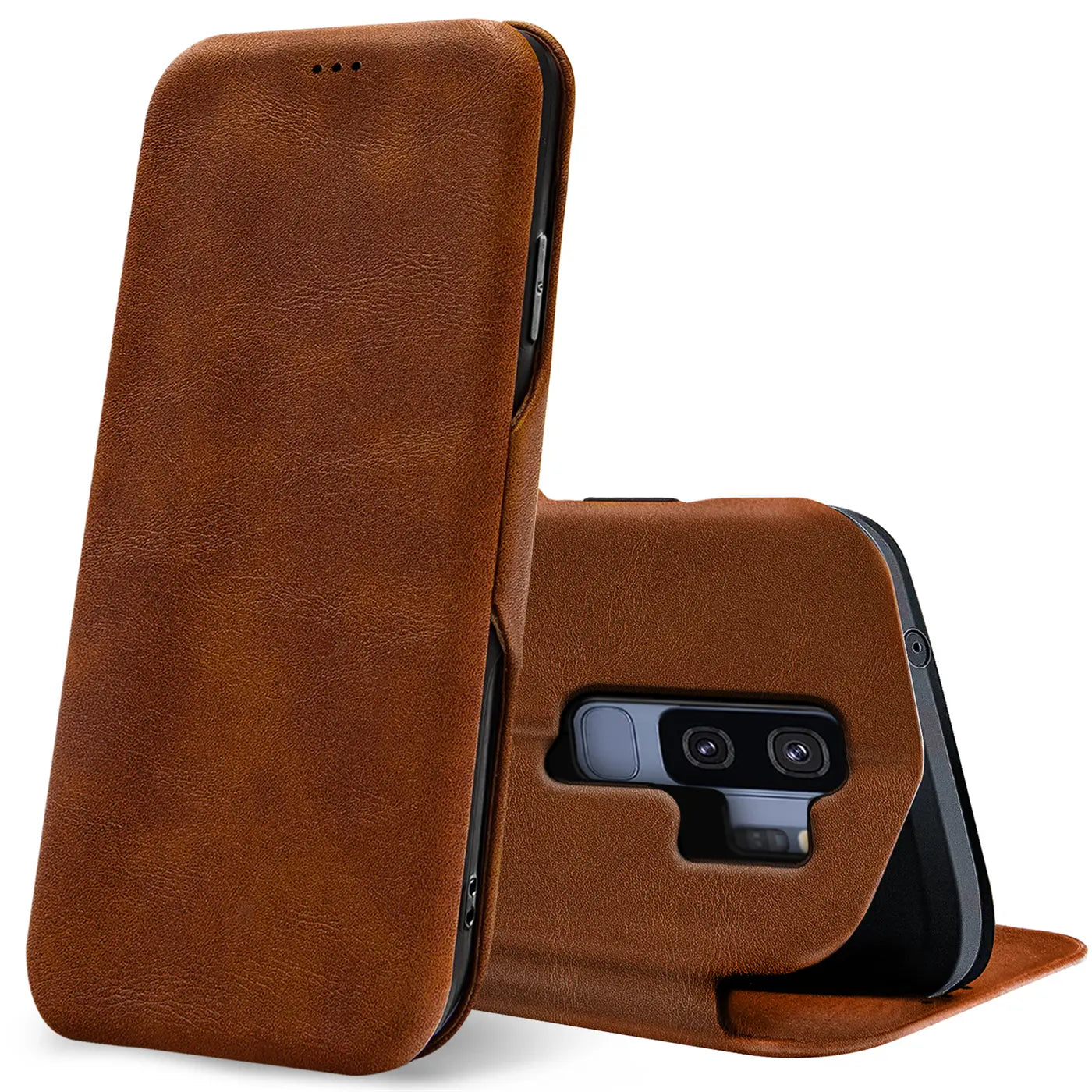 Braune Leder-Klapphülle mit Kartenfach, zeigt Rückseite eines Samsung Galaxy S9 Plus.