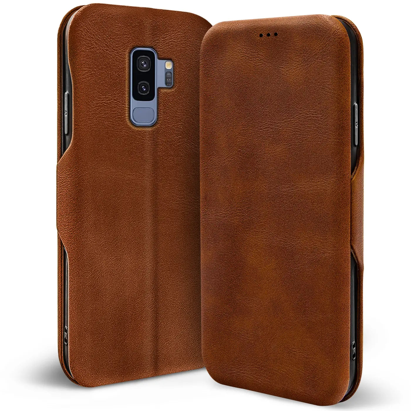 Braune Lederklapphülle für Samsung Galaxy S9 Plus, Rückansicht und geschlossene Vorderseite.