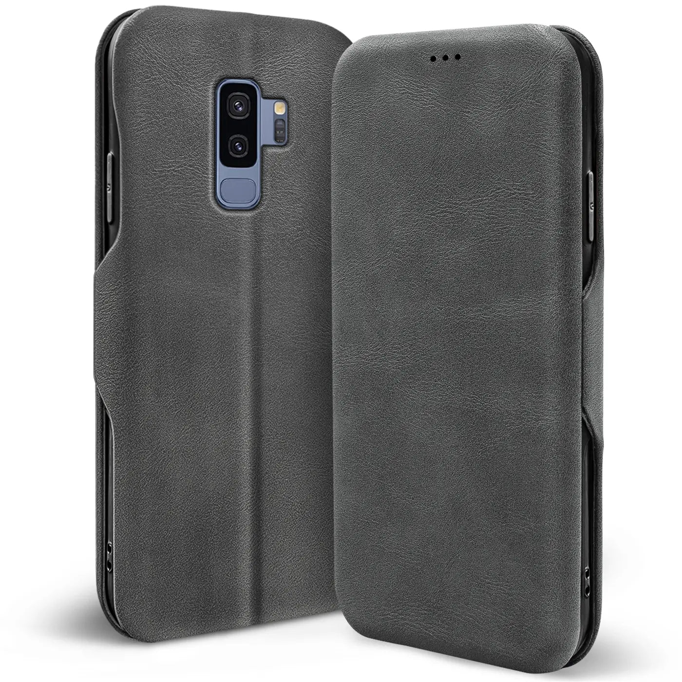 Graue Kunstleder-Klapphülle mit Kartenfach, Vorder- und Rückansicht, für Samsung Galaxy S9 Plus.