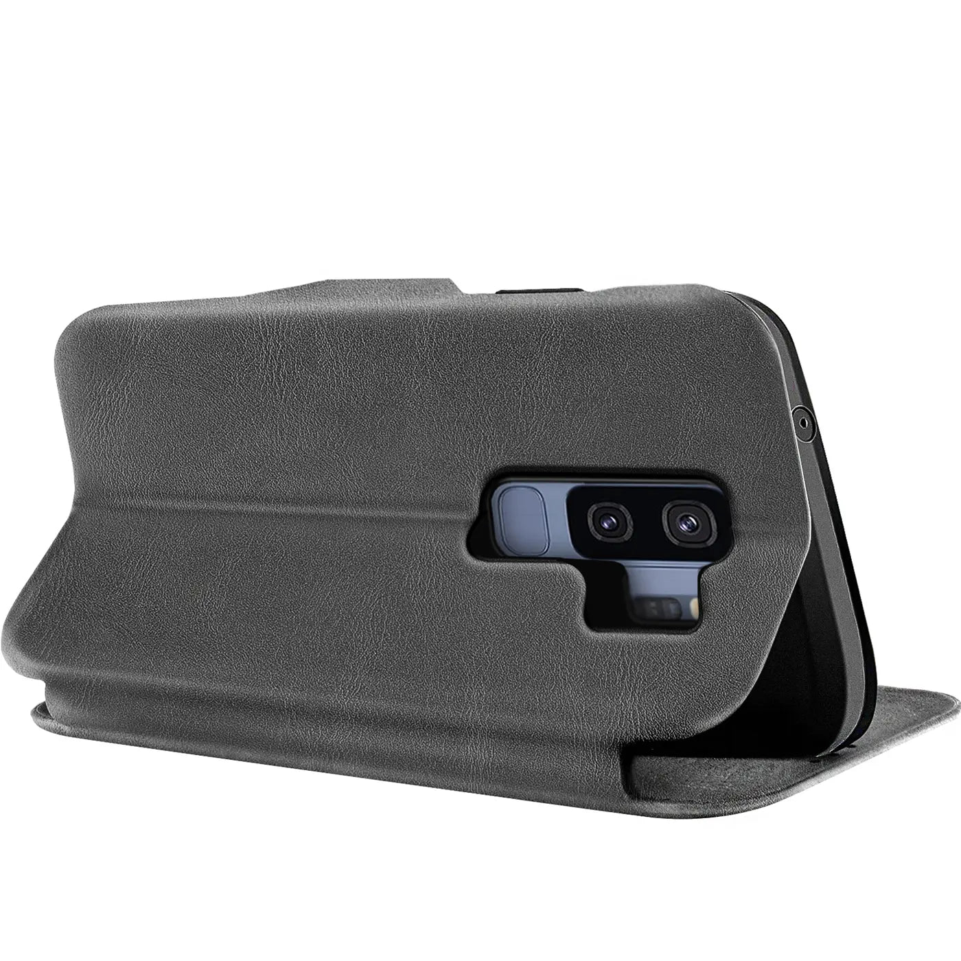 Graue Kunstleder-Klapphülle mit Kartenfach für Samsung Galaxy S9 Plus, Seitenansicht.