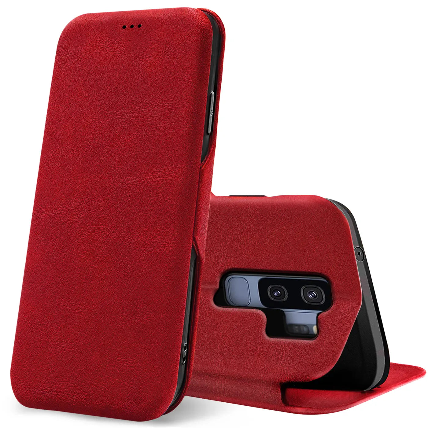 Rote Leder-Klapphülle für Samsung Galaxy S9 Plus, von vorne und hinten gezeigt.