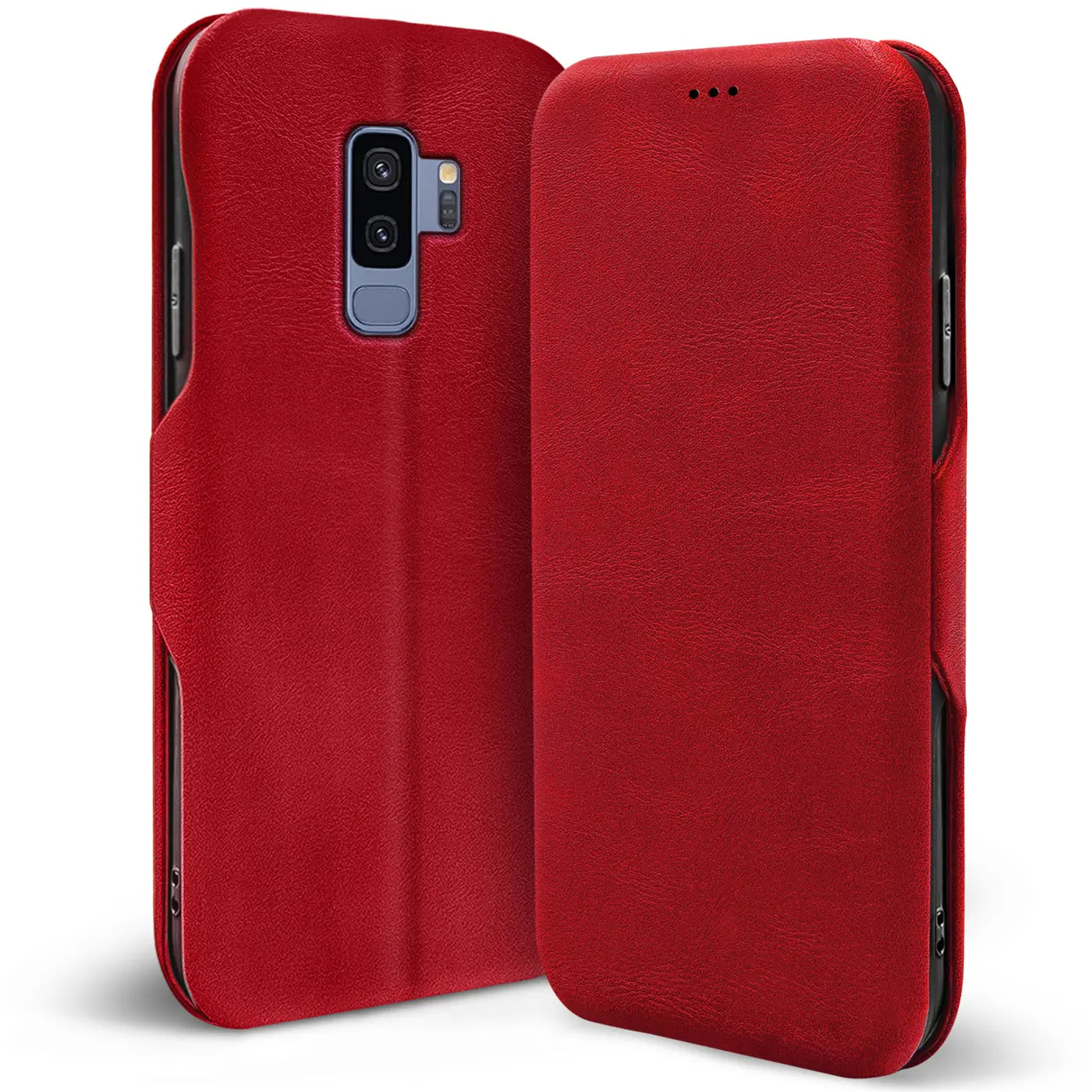 Rote Leder-Klapphülle mit Kartenfach für Samsung Galaxy S9 Plus, Vorder- und Rückansicht.