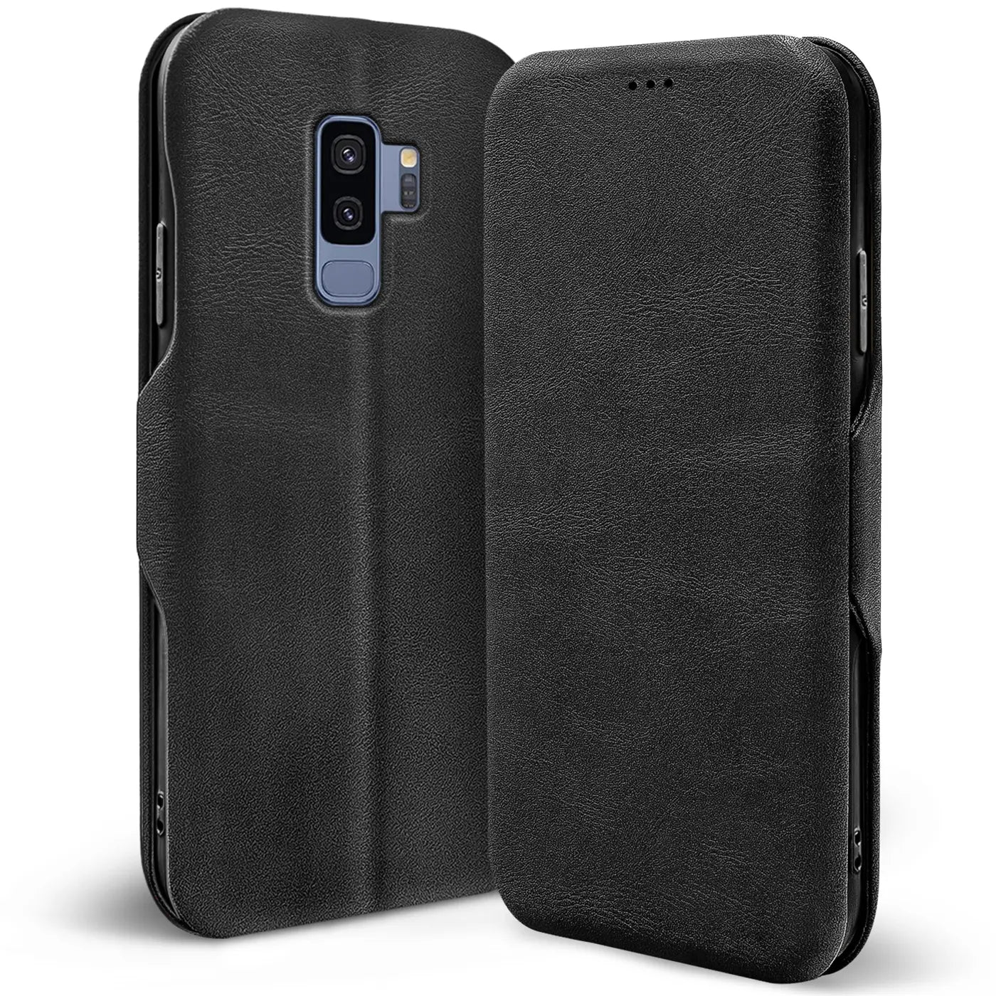 Schwarze Leder-Klapphülle mit Kartenfach für Samsung Galaxy S9 Plus, Rückansicht und Vorderansicht.