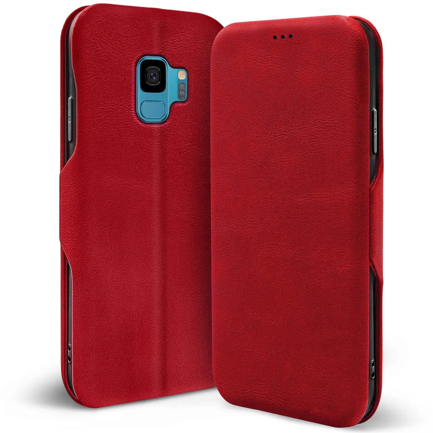 Rote Leder-Klapphülle für Samsung Galaxy S9, Vorder- und Rückansicht.