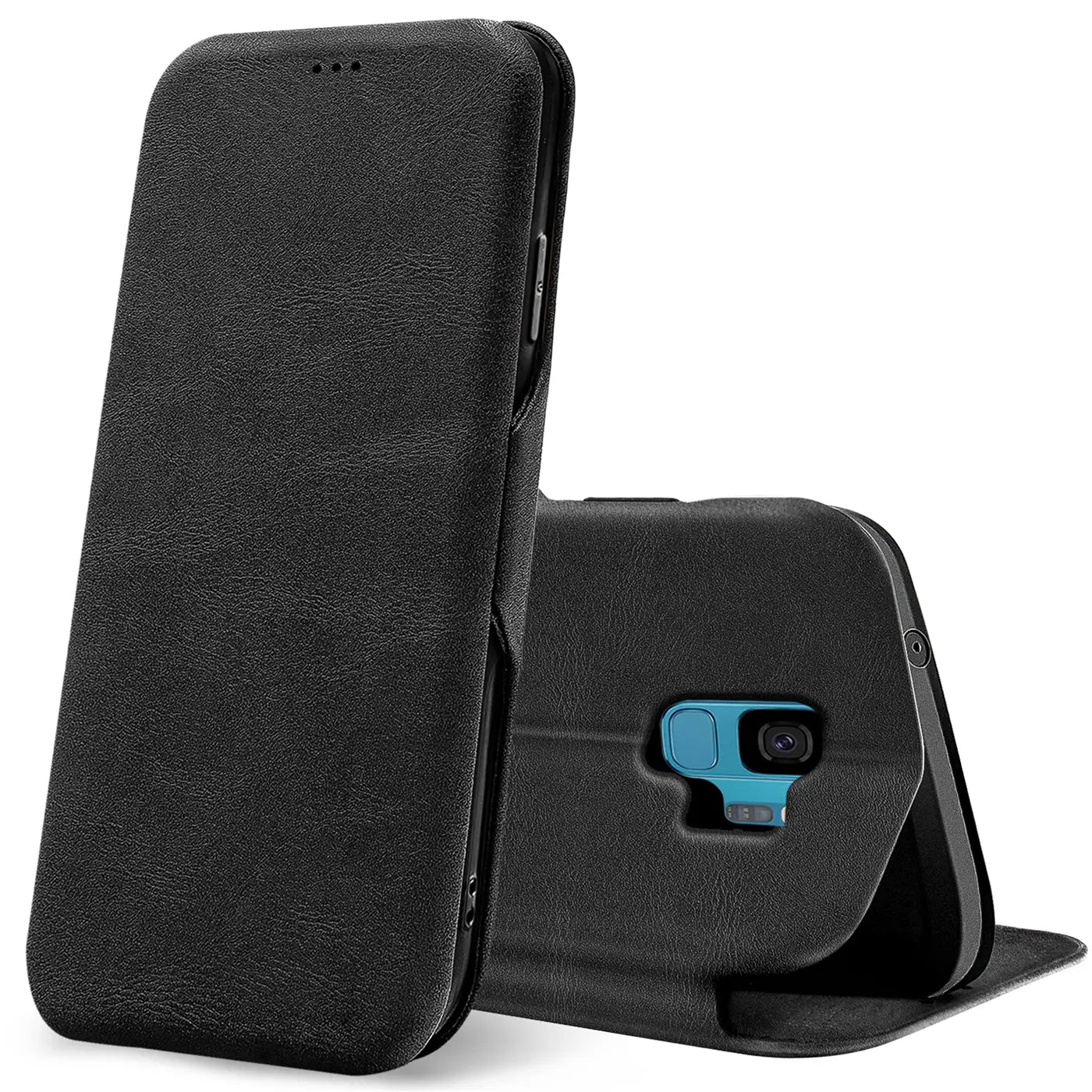 Schwarze Kunstleder-Klapphülle mit Kartenfach, Vorder- und Rückansicht, Samsung Galaxy S9.