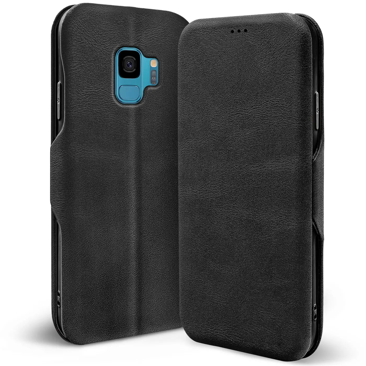 Schwarze Leder-Klapphülle mit Kartenfach für Samsung Galaxy S9, Rückansicht und Seitenansicht.