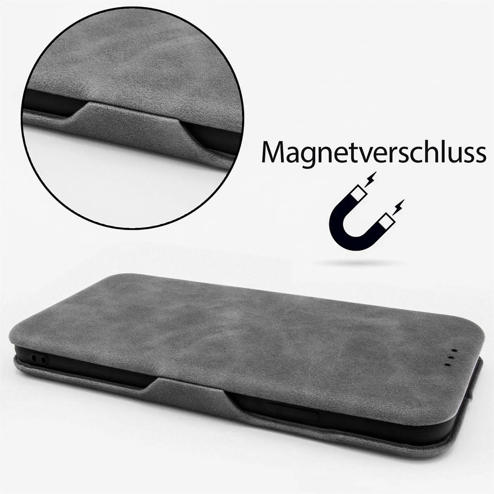 Graue Kunstleder-Klapphülle für Samsung Galaxy A42 5G, von schräg oben.