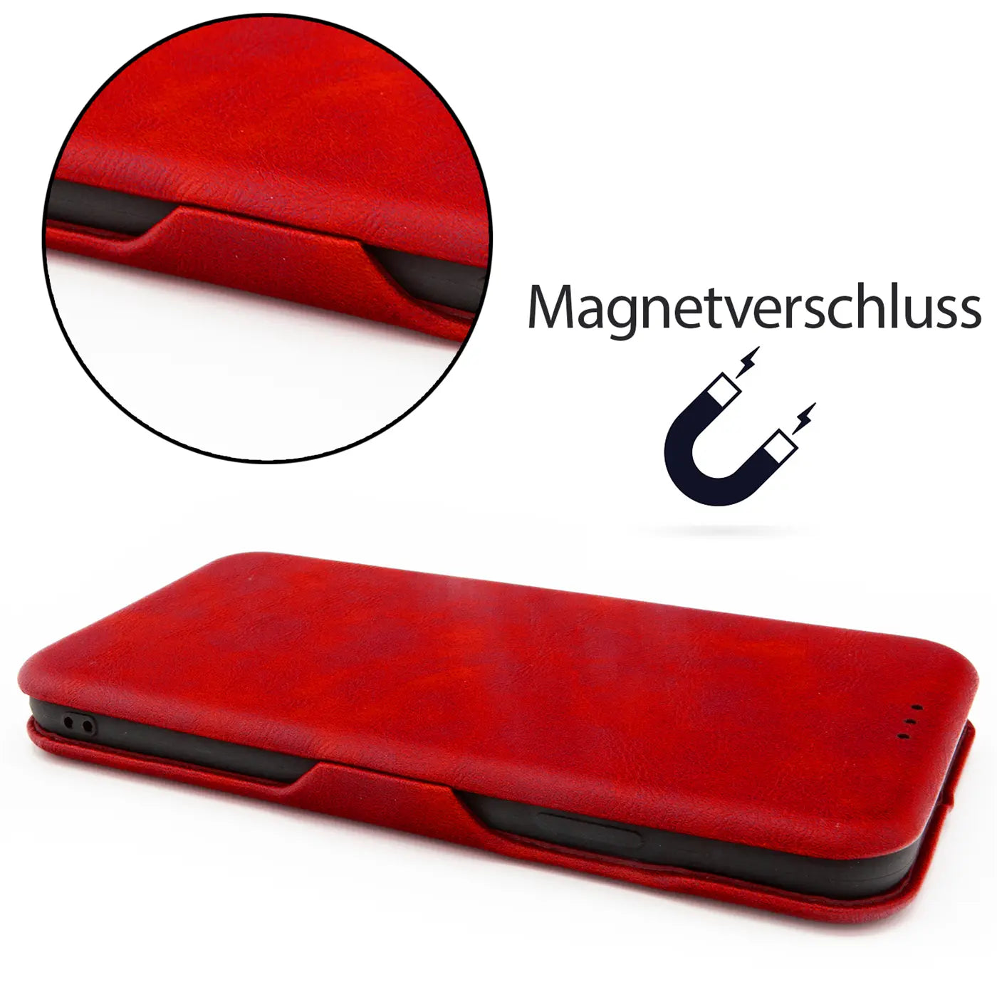 Rote Kunstleder-Klapphülle für Samsung Galaxy Note 20 Ultra, Seitenansicht, Magnetverschluss.
