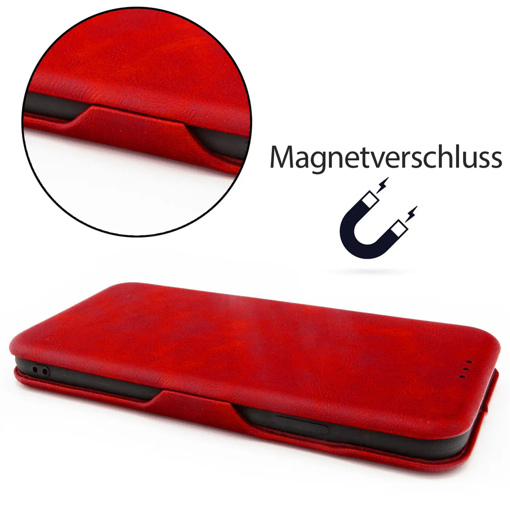 Rote Kunstleder-Klapphülle mit Magnetverschluss, Nahaufnahme, Samsung Galaxy A42 5G.