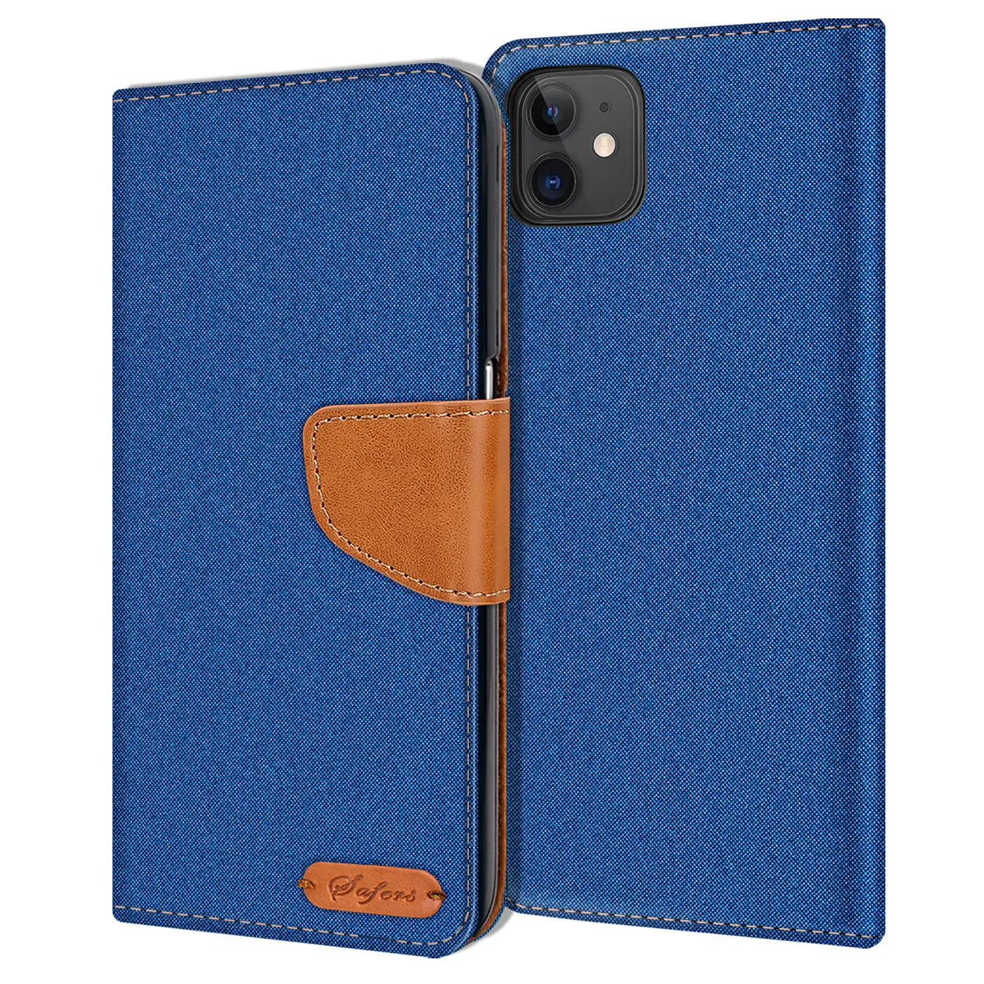Blaue Textil-Klapphülle mit braunem Lederakzent für iPhone 11, von vorne geöffnet.