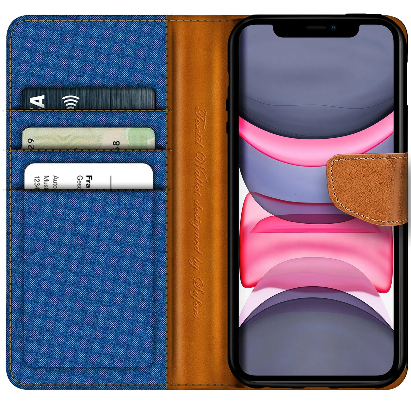 iPhone 11 Klapphülle, blaues Textil, braunes Leder, Kartenfach, von vorne
