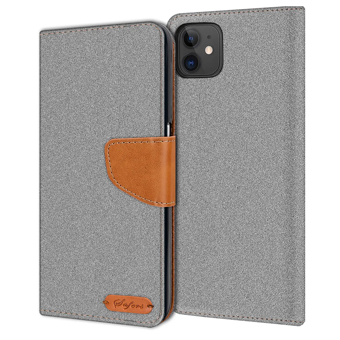 Graue Textil-Klapphülle mit braunem Lederakzent, geöffnet, zeigt iPhone 11.