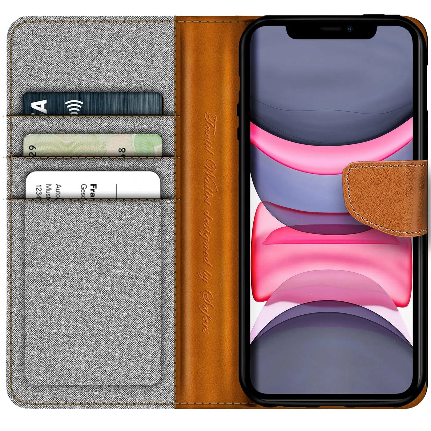 iPhone 11 Textil Klapphülle, braun/grau, Leder/Textil, von vorn, mit Kartenfach