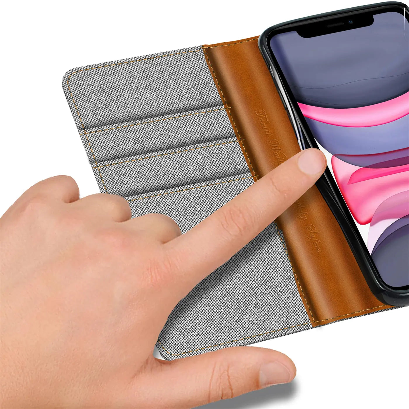 Graue Textil-Klapphülle mit braunen Lederdetails und Kartenfächern, iPhone 11, Nahaufnahme.