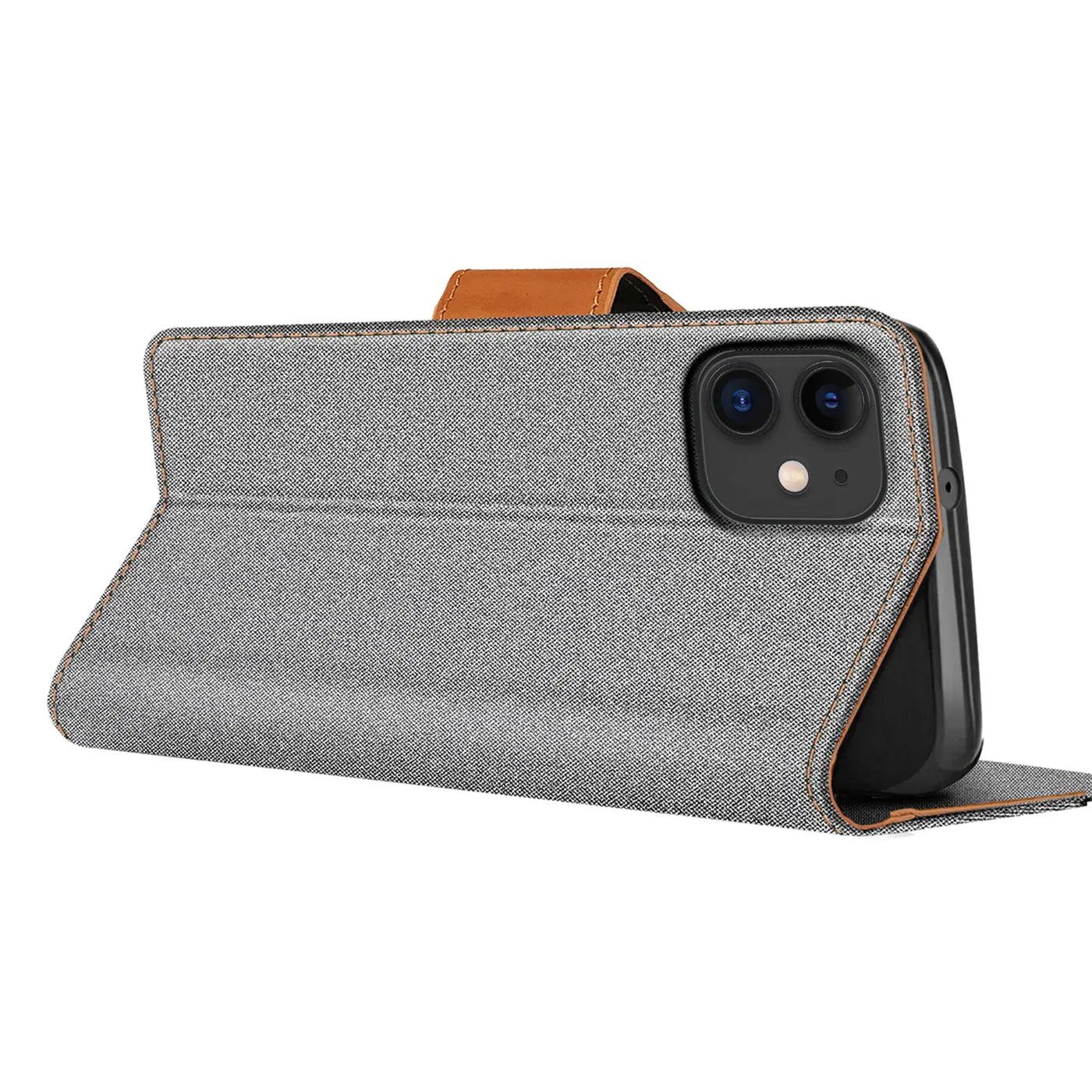 Graue Textil-Klapphülle mit braunem Lederriemen für iPhone 11, Seitenansicht.