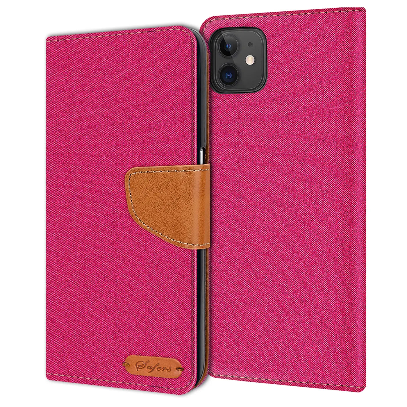 Fuchsia Textil Klapphülle mit braunem Lederdetail, iPhone 11, Vorderansicht