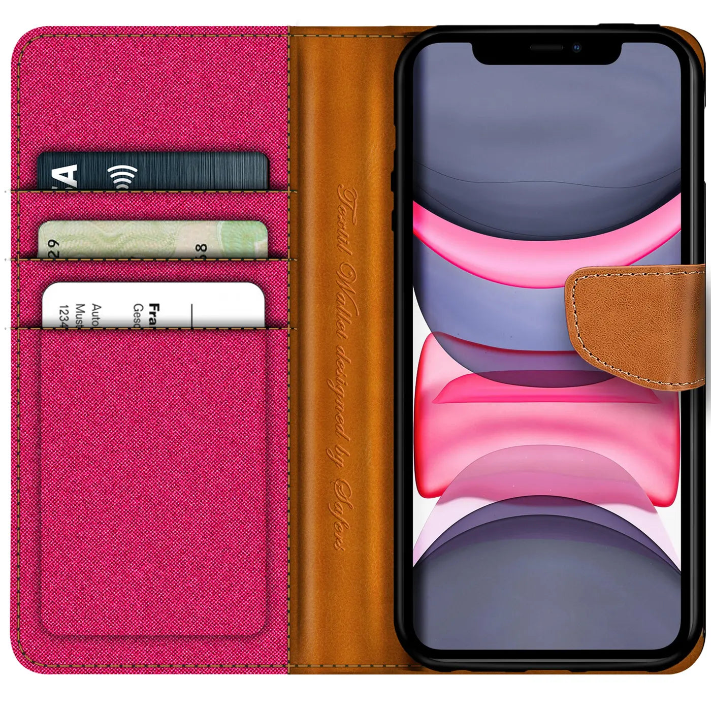 Textil-Klapphülle in Pink mit Kartenfach, braunes Leder, iPhone 11, von vorne