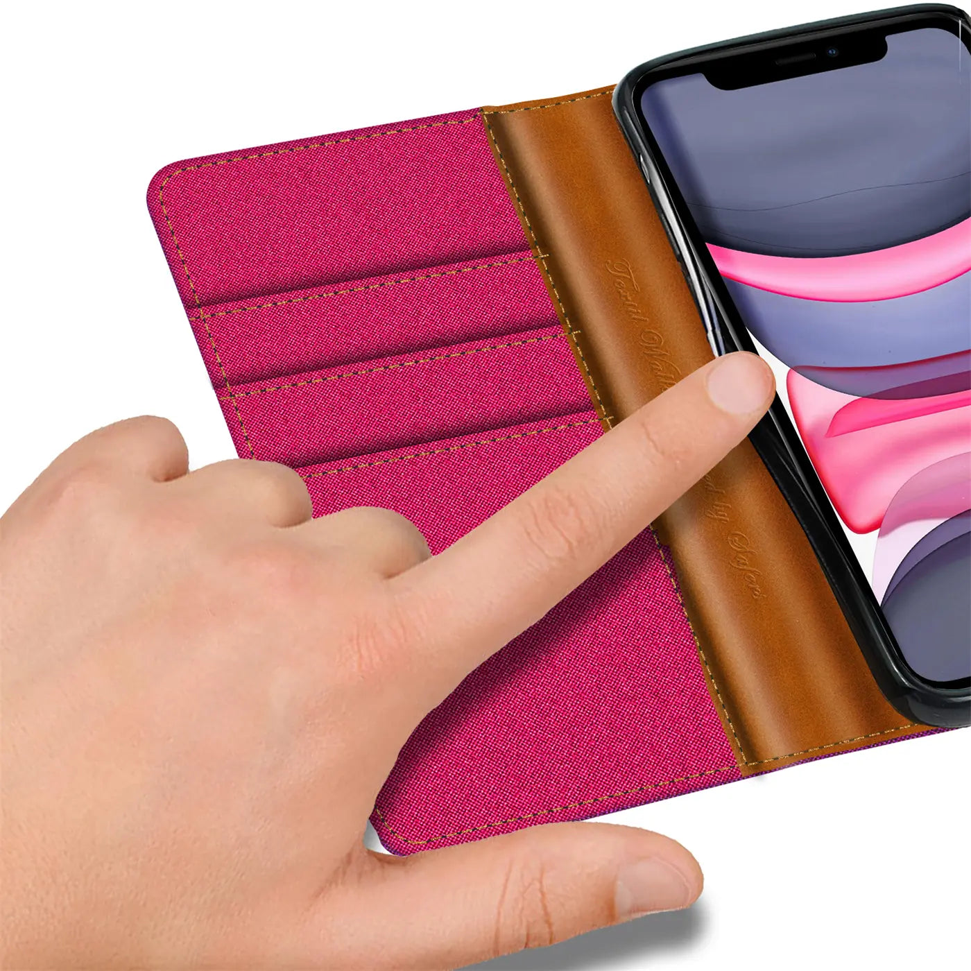 Pink Textil Klapphülle mit Kartenfach, braunes Leder, iPhone 11, Nahaufnahme