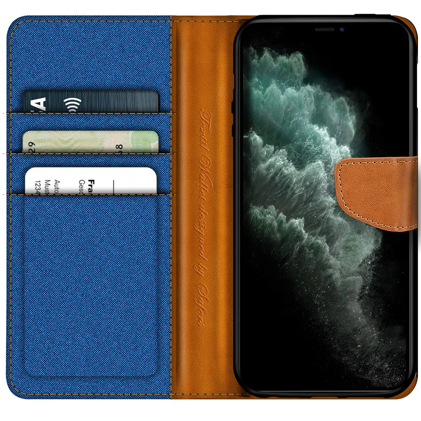iPhone 11 Pro in brauner Leder-Klapphülle mit blauem Textilfach für Karten.