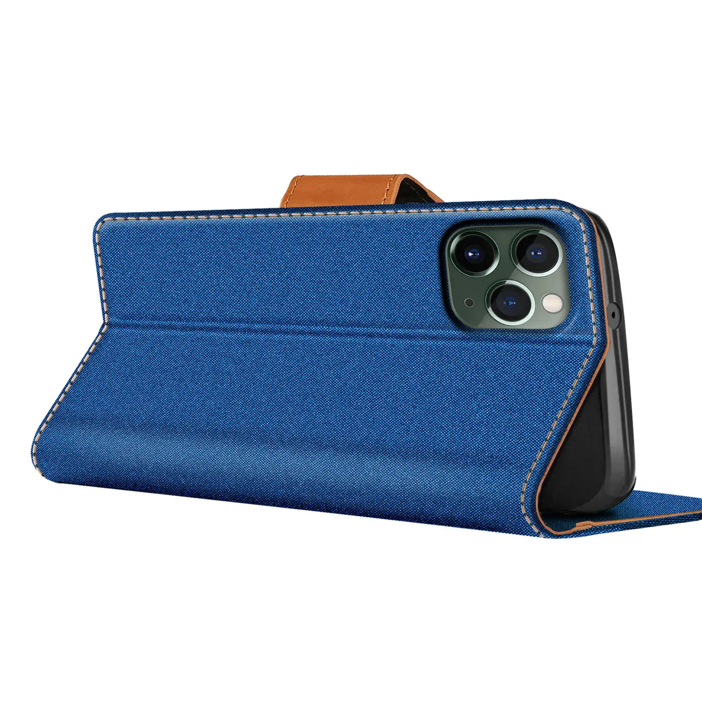 Blaues Textil-Klapp-Case mit braunem Lederband, iPhone 11 Pro, Seitenansicht