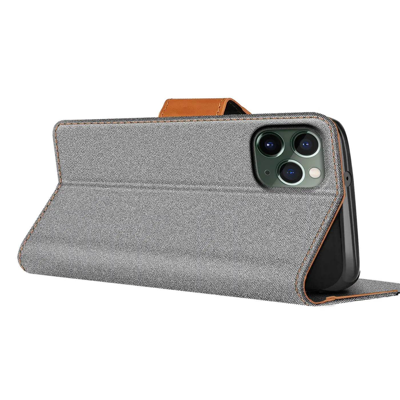 Graue Textil-Klapphülle mit braunem Lederriemen, iPhone 11 Pro von der Seite