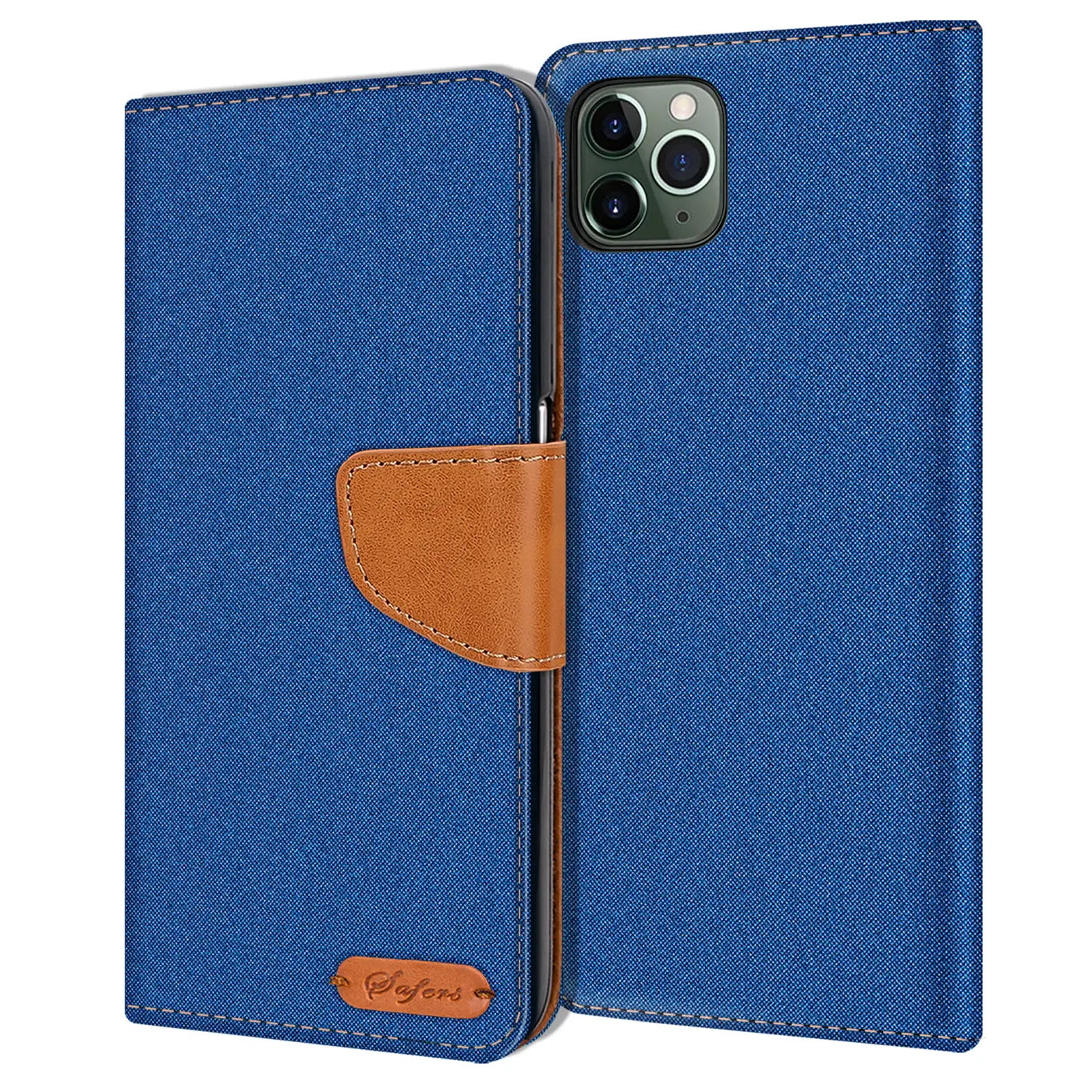 Blaue Textil-Klapphülle mit braunem Lederdetail für iPhone 11 Pro Max.