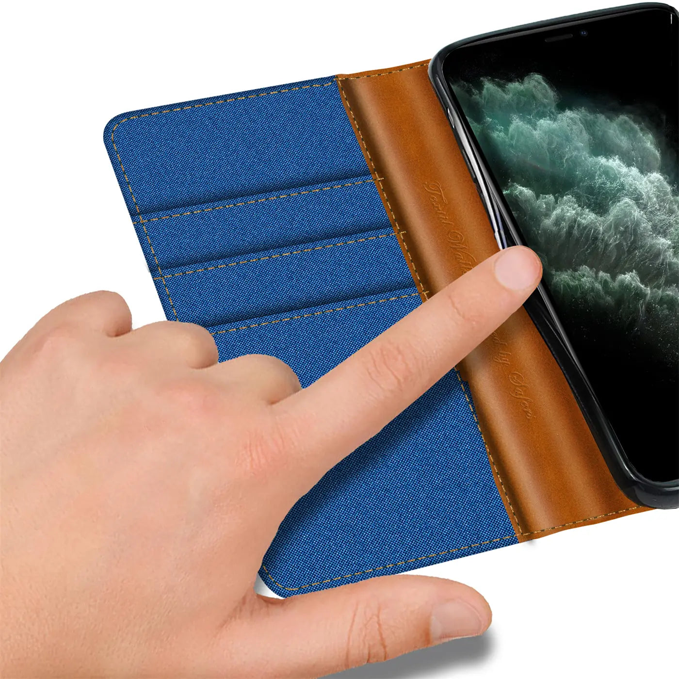Blaue Textil-Klapphülle mit braunem Lederdetail, Kartenfach, iPhone 11 Pro Max.