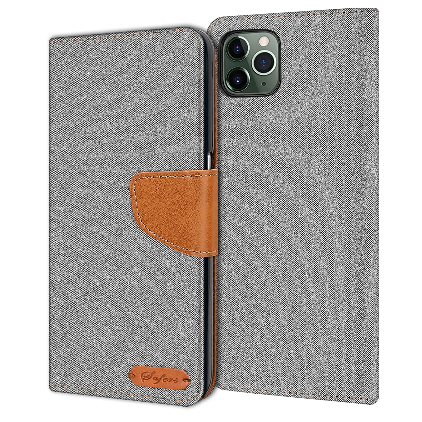 Graue Textil-Klapphülle mit braunem Lederdetail für iPhone 11 Pro Max, von vorne