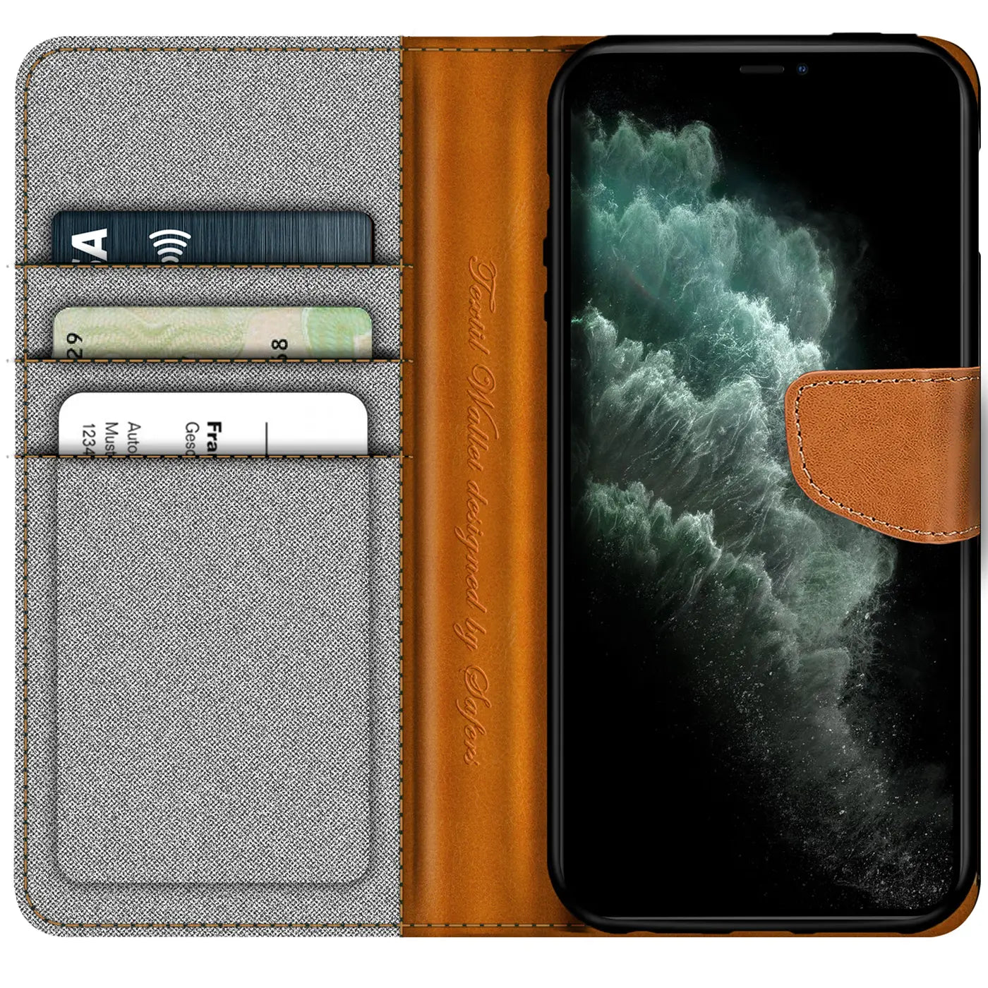 iPhone 11 Pro Max Hülle, Textil/Leder, Klapphülle, Kartenfach, von vorn