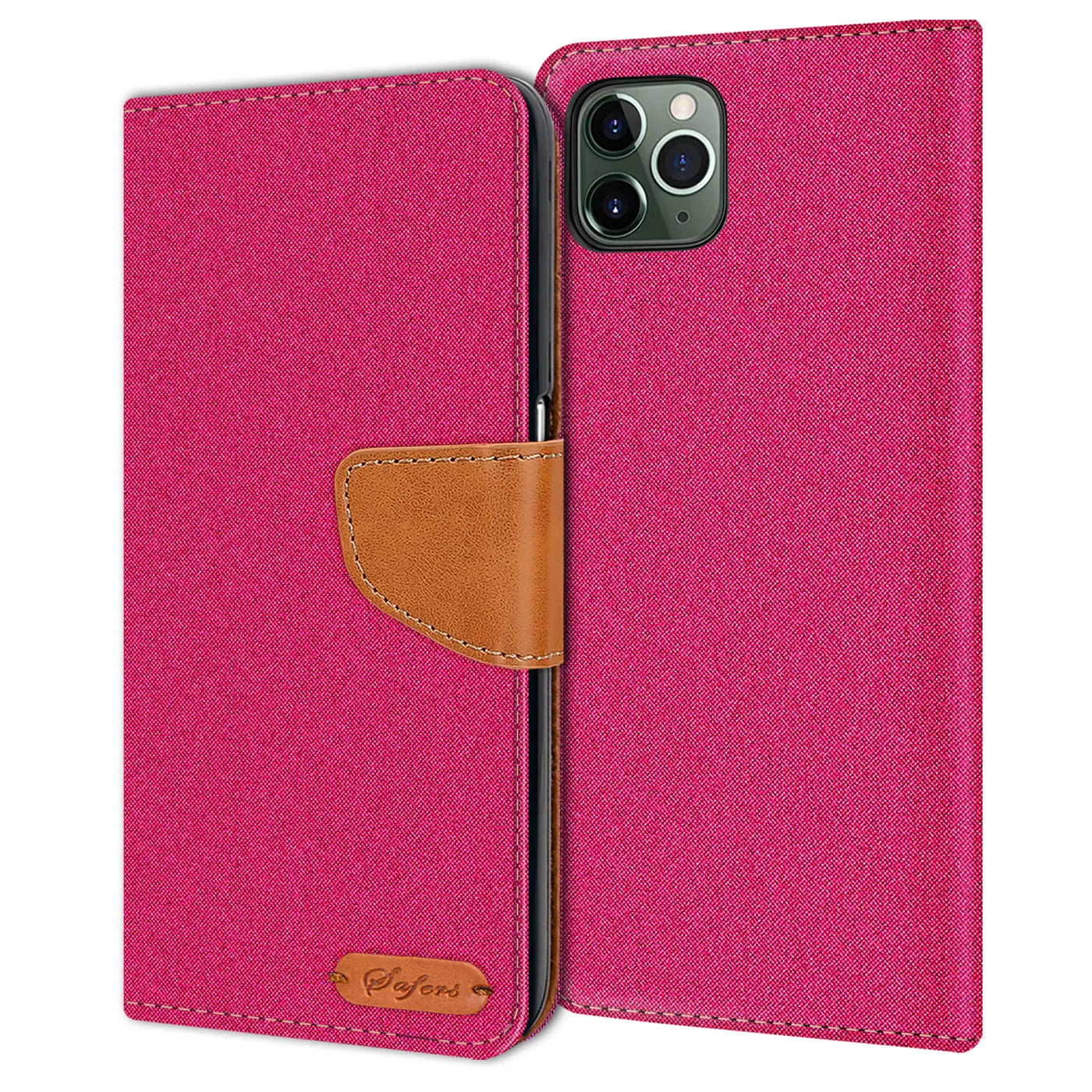 Fuchsia Textil Klapphülle mit braunem Lederriemen für iPhone 11 Pro Max, von vorne