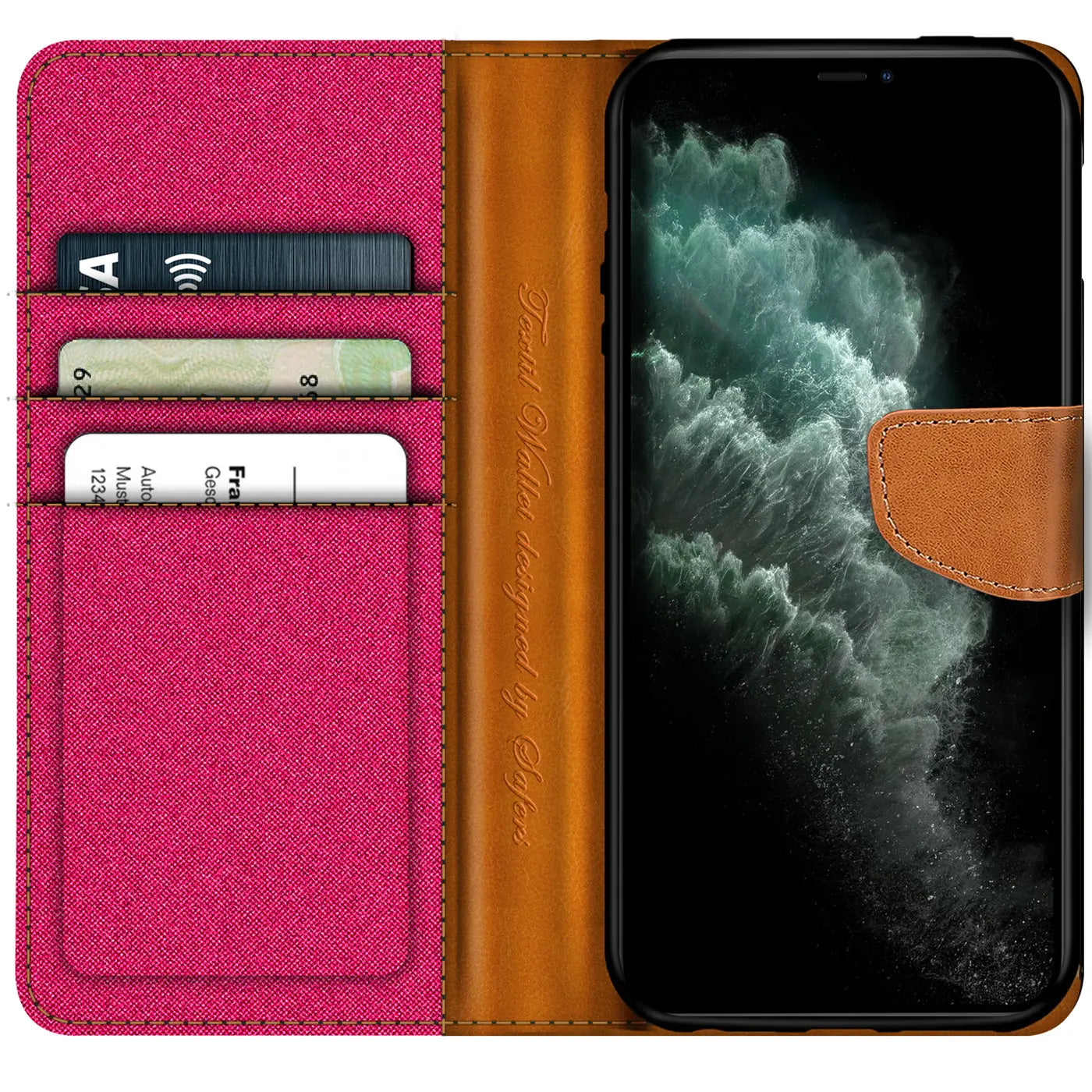 Textil Klapphülle in Pink mit braunen Lederakzenten, iPhone 11 Pro Max mit Kartenfach.