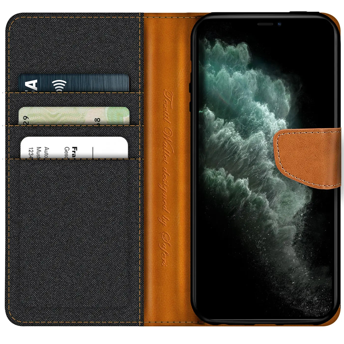 iPhone 11 Pro Max in brauner Leder-Klapphülle mit Kartenfach, von vorne