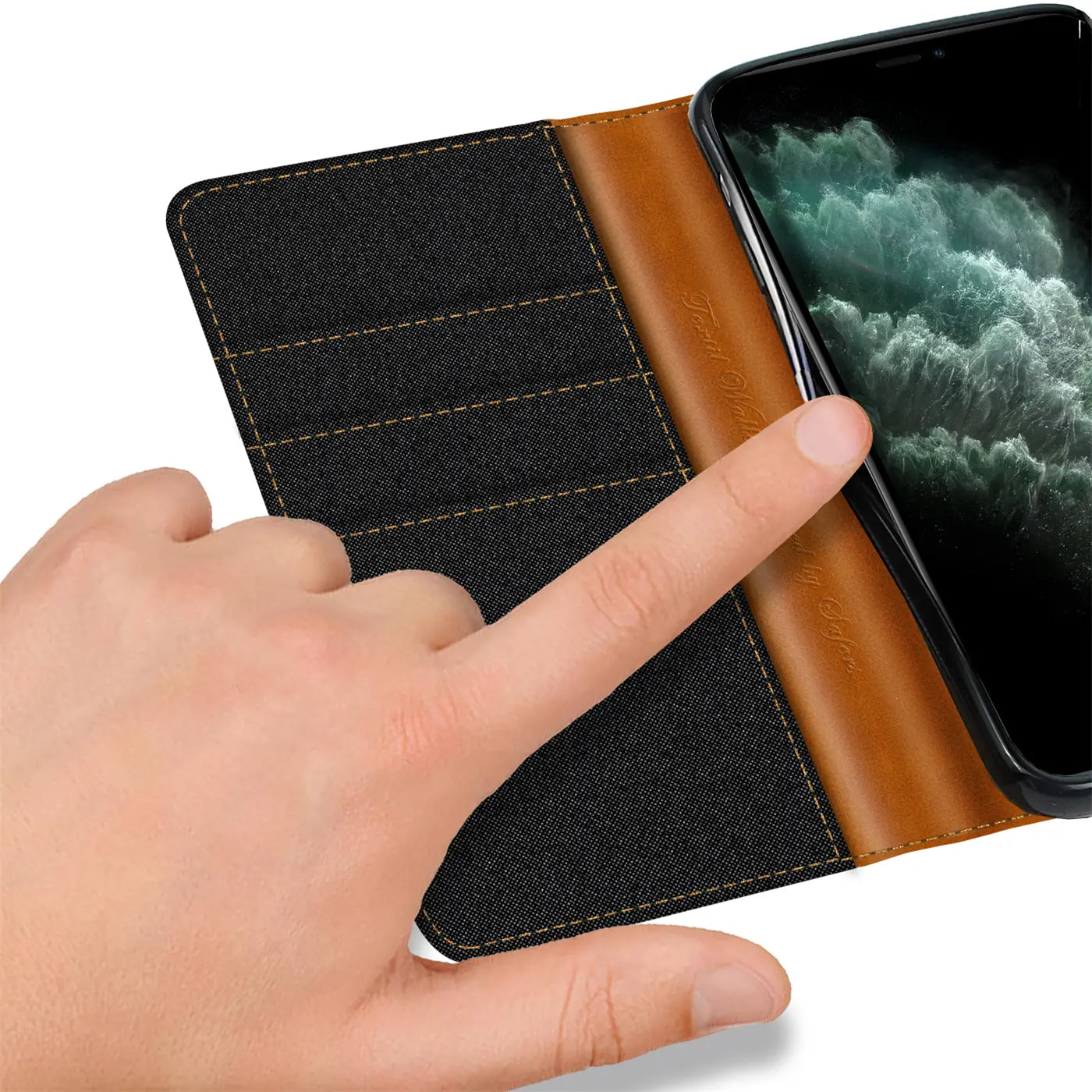 iPhone 11 Pro Max Klapphülle, Textil/Leder, Schwarz/Braun, Kartenfach, Nahaufnahme