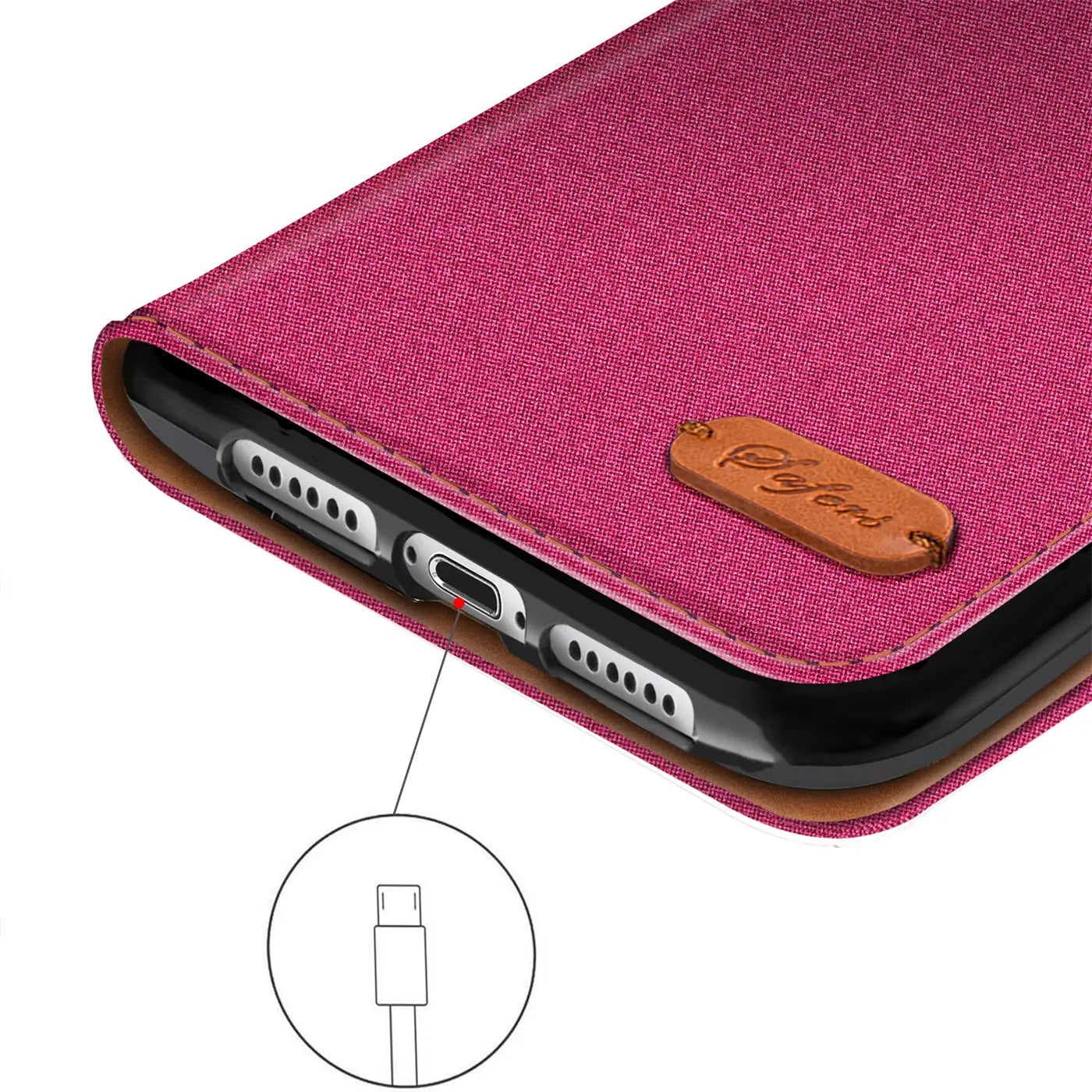 iPhone 11 Pro in pink Textil-Klapphülle, Nahaufnahme Ladeanschluss, Leder-Logo.