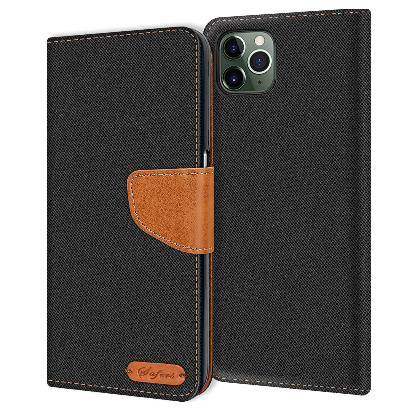 Schwarze Textil-Klapphülle mit braunem Lederriemen, iPhone 11 Pro Rückseite sichtbar.